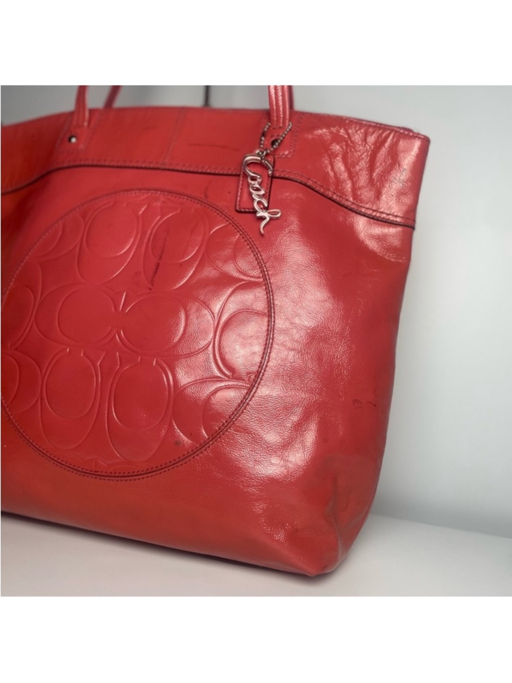 Coach Red Leather Embossed Logo Tote - Picture 5 of 14